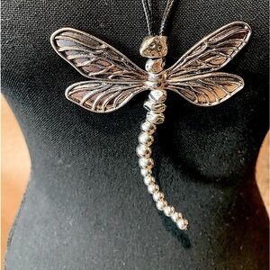 Dragonfly necklace long, silver tone, leather straps adjustable new with box